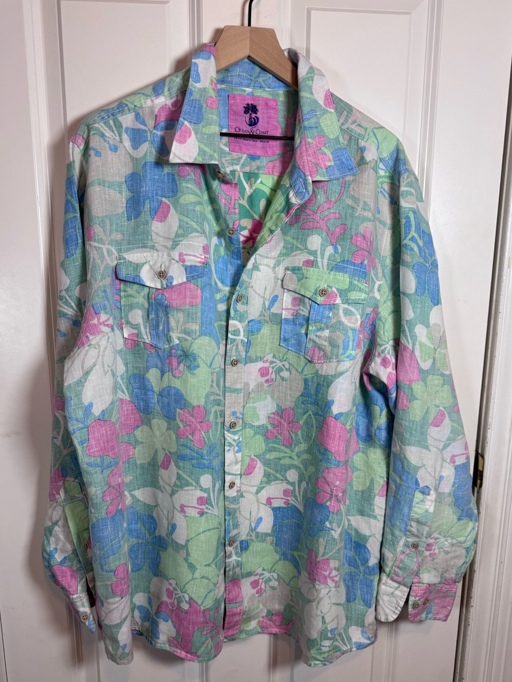 100% Linen Reverse Print Tropical Floral coastal Oversized Shirt XL Fit up to 3x